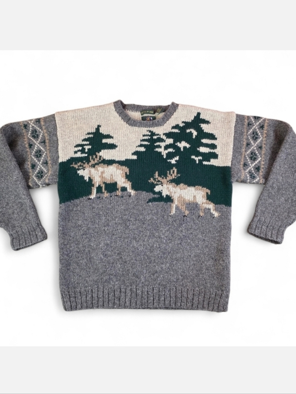 Vintage 90s Y2K Club Room Hand Knit Wool Moose Sweater Men XL Lodge Cabin Nordic